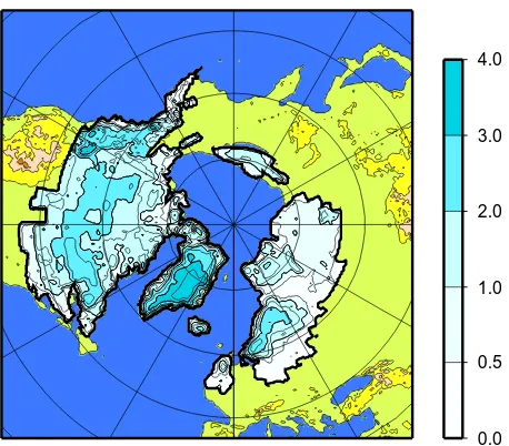 Fig. 2. Extension and ice thickness (in km) of the Northern Hemi-sphere ice sheets predicted by the ICE-4G model (Peltier, 1994).