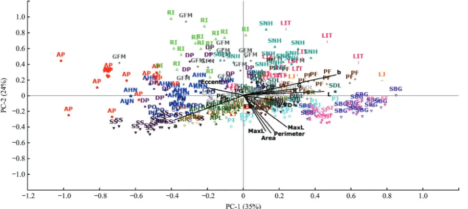 Figure 4  Principal component analysis (PCA) graph combining score plot (samples) and loadings (vectors or features extracted from leaves) for Experiment A for 20 different Chinese medicinal plant species