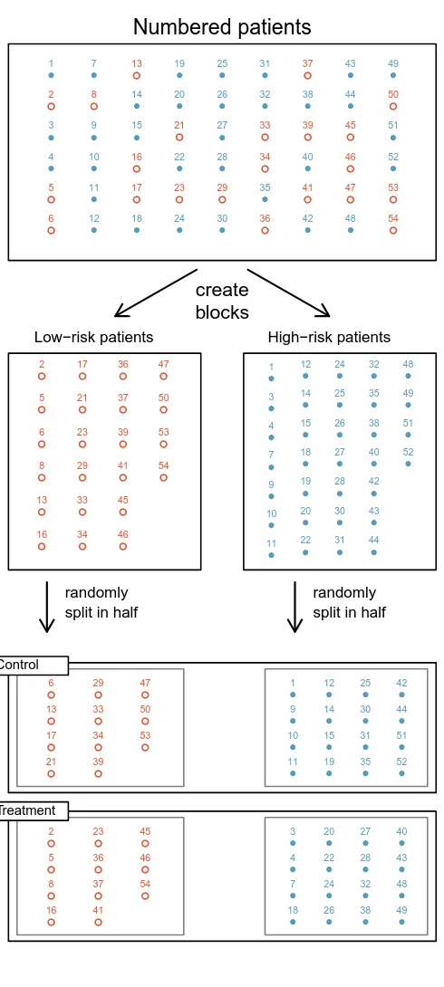Figure 1.15: Blocking using a variable depicting patient risk. Patients areﬁrst divided into low-risk and high-risk blocks, then each block is evenlydivided into the treatment groups using randomization