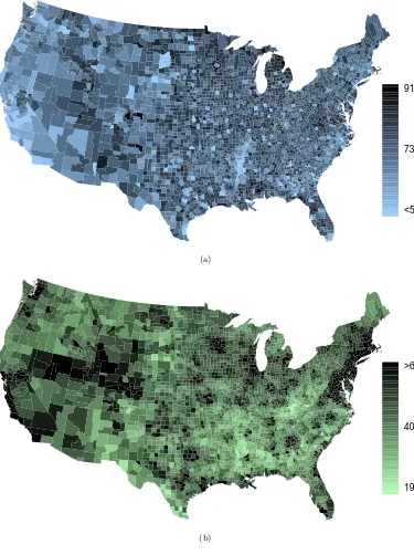 Figure 1.31: (a) Intensity map of homeownership rate (percent). (b) Inten-sity map of median household income ($ 1000s).