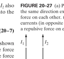 FIGURE 20–27 (a) Parallel currents inthe same direction exert an attractiveforce on each other