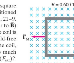 FIGURE 21–9 Example 21–4.The square coil in a magnetic fieldBis pulled abruptly to the right to a region where (The forces shown are discussed inthe alternate solution at the end ofExample 21 = 0.600 T–4.)B = 0.