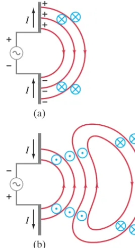 FIGURE 22–6 (a) The radiation fields (far from the antenna)produced by a sinusoidal signal on the antenna
