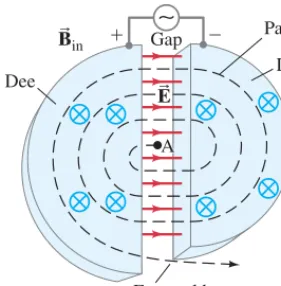 FIGURE 32–2 Diagram of acyclotron. The magnetic field,applied by a large electromagnet,points into the page