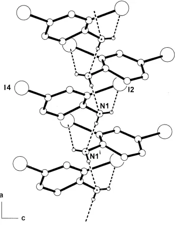 Figure 2The one-dimensional hydrogen-bonded chain structure of (I) extending down the a axial direction of the unit cell, 