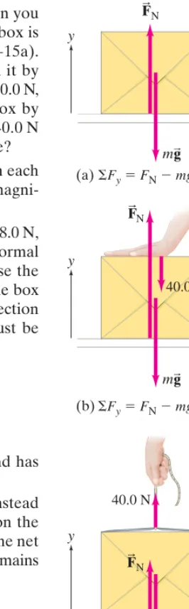 FIGURE 4;15 Example 4–6.(a) A 10-kg gift box is at rest on a table. (b) A person pushes down on the box with a force of 40.0 N.(c) A person pulls upward on the box with a force of 40.0 N
