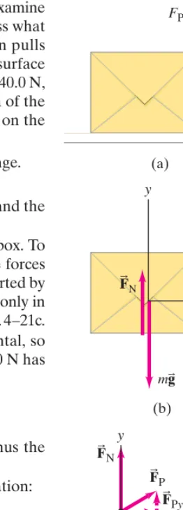 FIGURE 4;21 (a) Pulling the box,Example 4–11; (b) is the free-bodydiagram for the box, and (c) is thefree-body diagram considering allthe forces to act at a point (translational motion only, which is what we have here).