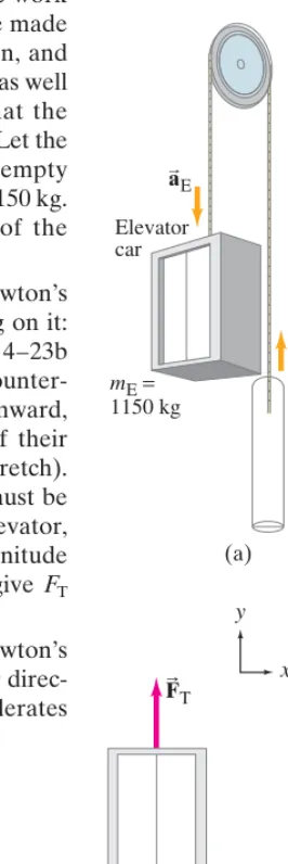 FIGURE 4;23 Example 4–13.(a) Atwood machine in the form ofan elevator–counterweight system.(b) and (c) Free-body diagrams forthe two objects.