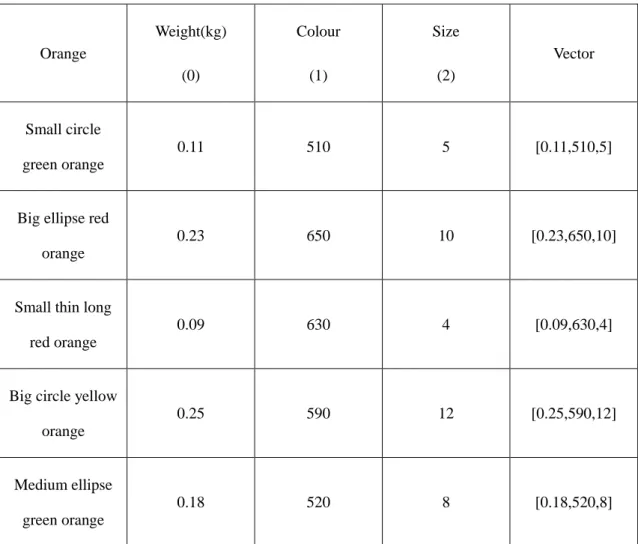 Table 3.1: Orange vectors. 