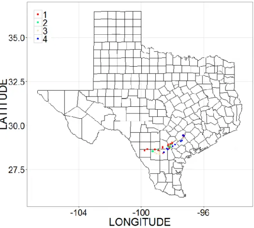 Figure 2.20 Study wells on Texas map color coded by cluster number  