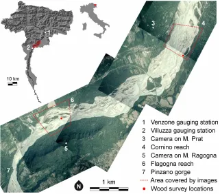 Figure 3.1: Location of the study sites, ground-based cameras and gauging stations within the Tagliamento River catchment