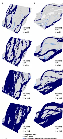 Figure 3.4: Examples of inundation maps for the Cornino (A) and Flagogna (B) reaches showing a range of flow conditions, with the four classes (gravel, upstream connected channels, upstream disconnected channels and vegetation)