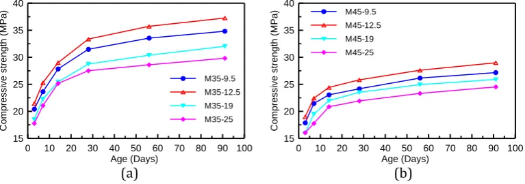 Fig. 1. Compressive strength development of (a) M35 mixtures and (b) M45 mixtures. 