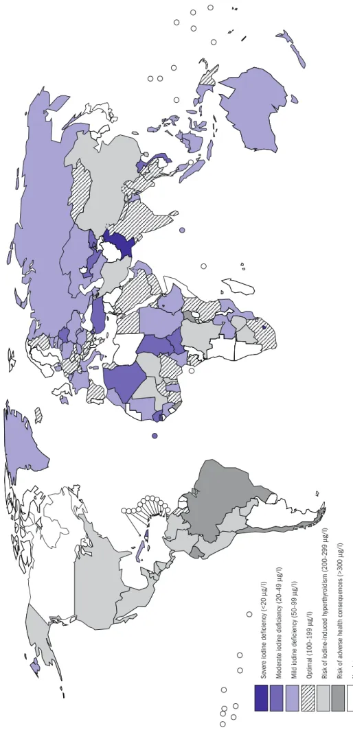 Figure 3.3 Degree of public health significance of iodine nutrition based on median UI Severe iodine deficiency (<20 µg/l) Moderate iodine deficiency (20–49 µg/l) Mild iodine deficiency (50–99 µg/l) Optimal (100–199 µg/l) Risk of iodine-induced hyperthy