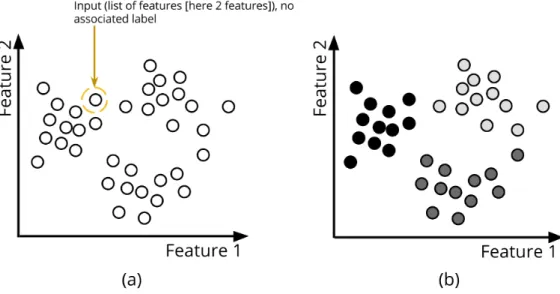 Figure 3: Unsupervised learning. (a) An unsupervised learning algorithm trains from a dataset where each example’s feature values are known (here, the x- and y- positions of each point) but no class  member-ship or other output information is given
