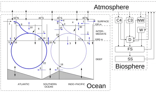 Fig. 1. Geometry of the Box model of the Isotopic Carbon cYCLE (Bblack. Biosphere compartments: C4: Ctrees; D: detritus; FS: fast decomposing soil; SS: slow decomposing soil
