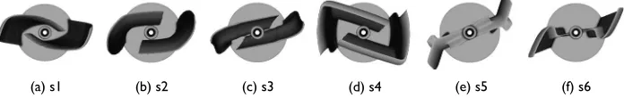 Figure 11. Cross sections of the fittest evolved VAWT array after three CGA-b generations plus one SCGA-b generation.Total KE = 12.2 mJ, m = 49.3 g, 3094 rpm.