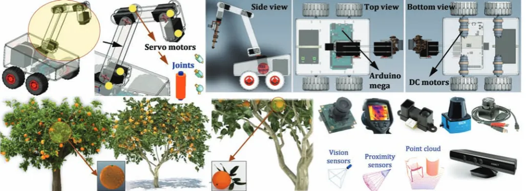 Figure 12  Major scene objects used in the V-REP case study simulation, including CAD model of a prototype robot platform,  artificial citrus trees, and simulated sensors 