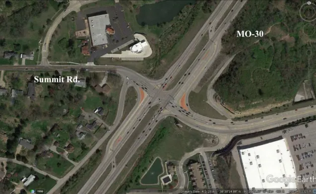 Figure 3.1: CFI at Summit Road and MO-30, Fenton, MO (Source: [20])  On the other hand, Site B was chosen for its location in a more urban setting