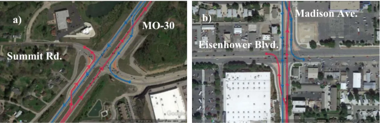 Figure 4.1: Study Sites: a) CFI at Summit Rd and MO-30 in Fenton, MO, and b)  CFI at Eisenhower Blvd and Madison Ave in Loveland, CO (Source:[20]) 