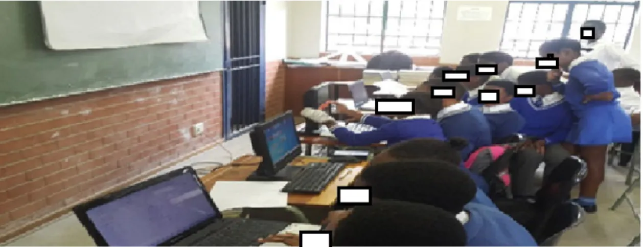 Figure 5.8 was captured during the class observation which shows how learners were  interacting with each other to verify the cyclic quadrilateral theorem using the GeoGebra  programme