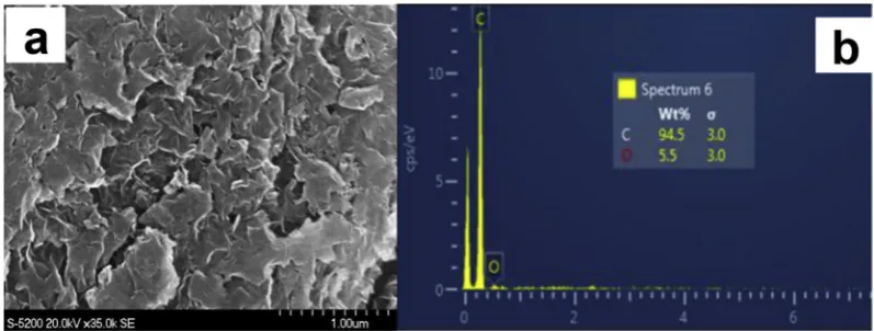 Fig. 1. SEM micrograph of a three-dimensional graphene nanosheets (3D-GNS) (a) and energy-dispersive X-ray spectroscopy (EDS) of 3D-GNS (b).