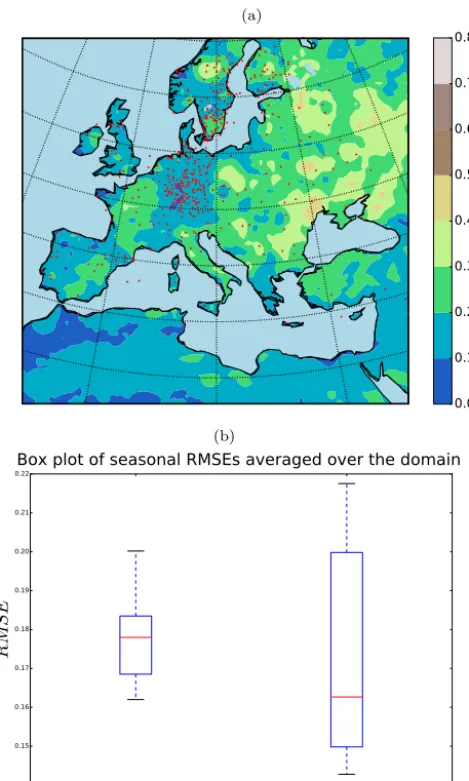Figure 6. (a) 10-year RMSE (K) of the analysis for winter (DJF)with and (b) the ﬁeld mean RMSE (K) of the analysis and the freeensemble run for winter (DJF).