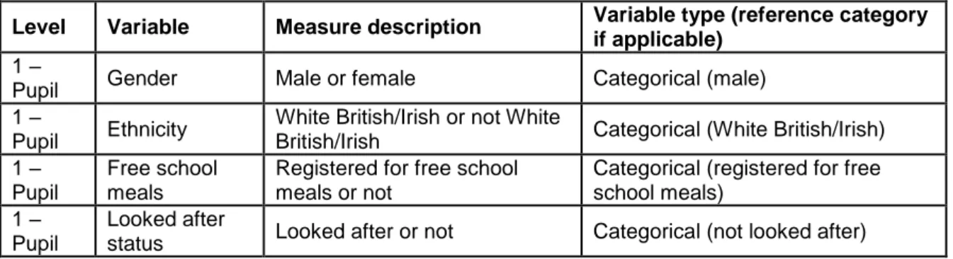 Table 4-7: All constructed explanatory variables from pupil data – pupil and school 