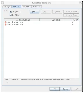 Figure 3-3   Junk Mail Handling Dialog Box Showing the Junk List Tab