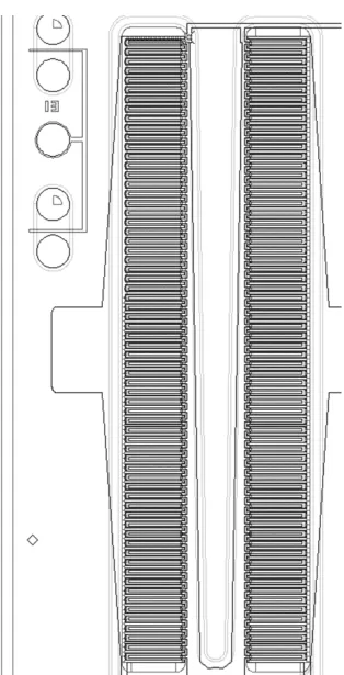 Fig. 3.6. The mask layout of a VDMOS structure showing two segments of a device.  Each segment consists of 66 individual cells