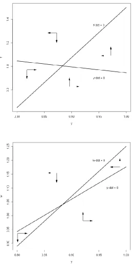 Figure 6 Nullclines and phase diagram for generalised Minksy model 