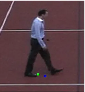 Figure 3found location of the feet feature, and the blue marker indicates the location ofthe feet given by the algorithm