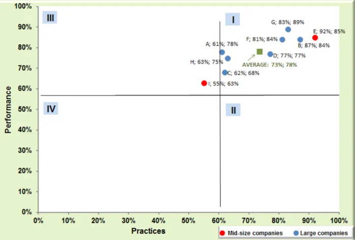 Figure 3. General chart of practices x performance of the surveyed companies (Tomelero, 2012)
