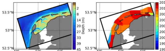 Figure 2. (a) Numerical domain and bathymetry. (b) Dates of the measurements used to compose the bathymetry up to the 20 m isobath inthe North Sea.