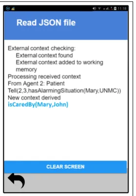 Fig. 11: Agent 2 displays the abnormal blood pressure status(The left hand side of the ﬁgure shows screen when a mes-sage is received from agent 1, and the corresponding contextreasoning result shows on the right hand side screen)