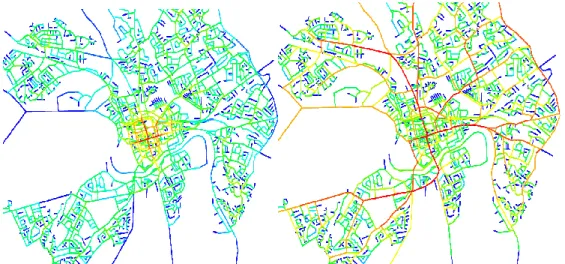 Fig 4: Left segment angular integration of Chester and Right segment angular choice of Chester (Space Syntax Limited,  2013) 