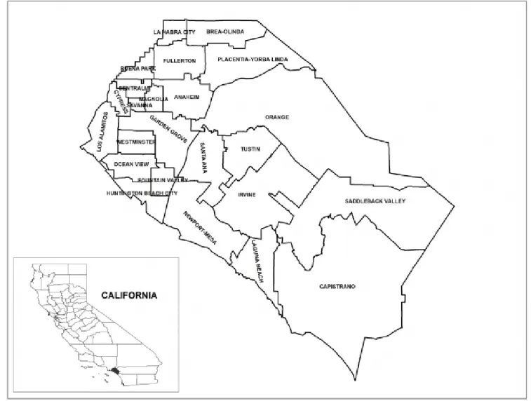 Figure 2 – 2001 API Scores for schools in  Orange County, California