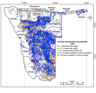 Figure 2 Regional distribution of fluoride concentration in groundwater in Namibia; classification with respect to fluoride only