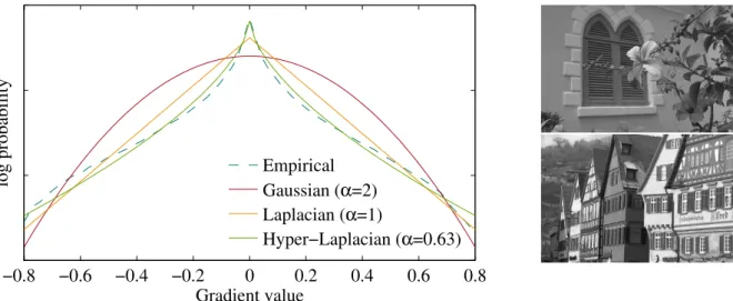 Figure 1.5.: Left: Distribution of horizontal and vertical gradients in natural images (grayscale)