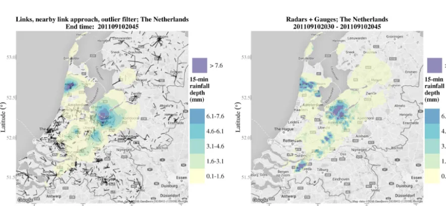 Figure 4. From received signal powers to cumulative rainfall depths (one day, one link): minimum and maximum received powers andwith location of microwave link in the city centre of Amsterdam, the Netherlandspath-averaged, gauge-adjusted radar rainfall int