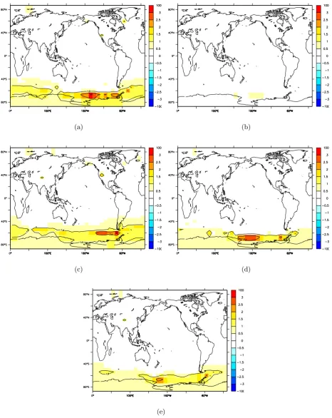 Fig. 11. Annual mean surface temperature in the(a,b,c,d)simulation. Units are ×10 accelerated 30 kyr simulation, relative to the non-accelerated simulation, at the LGM