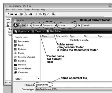 Figure 2.4WordPad Save As dialog box with the personal folder in Documents list.
