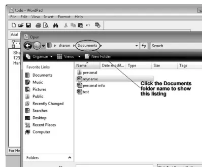 Figure 2.6WordPad Open dialog box showing Documents folder contents.