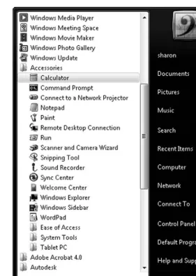 Figure 1.5Start Menu with Calculator selected.