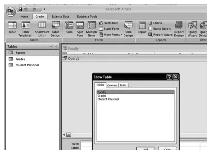 Figure 10.8Access Query window and Show Tables dialog box.