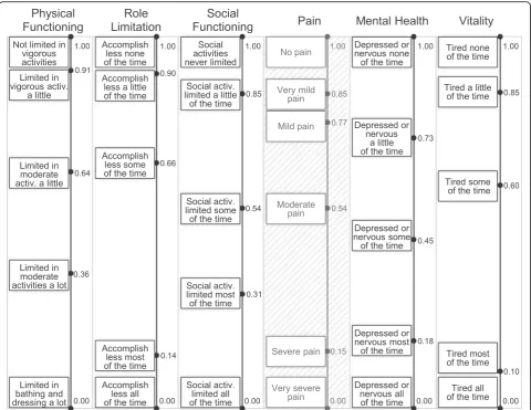 Fig. 1 Results of the scoring sessions for the SF-6D dimensions. The presented numbers indicate the score of each level on a scale from 0 to 1.The scales in the dimensions physical functioning, role limitation, social functioning, mental health and vitalit