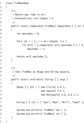 Figure 1.8 A generic findMax routine, with demo using shapes and strings (pre-Java 5)