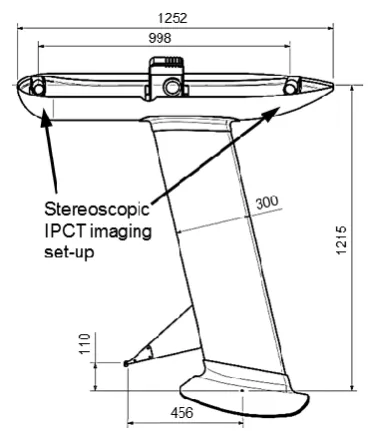 Figure 5 Geometry of the camera pod without housing cover and with schematic IPCT camera dummies; including main dimensions 
