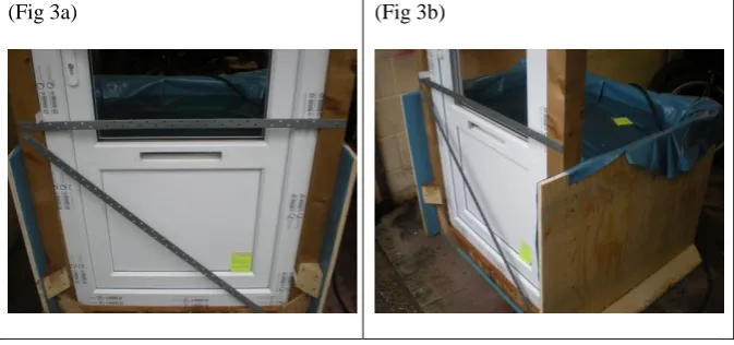 Figure 3: Photos (a) and (b) present the newly designed flood safety door prepared for practical test conditions, where the door face shown would represent the inside of a property