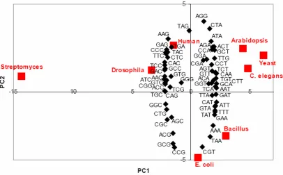 Figure 1 – Graphical representation of “codon usage space”. Principle Component Analysis comparing 